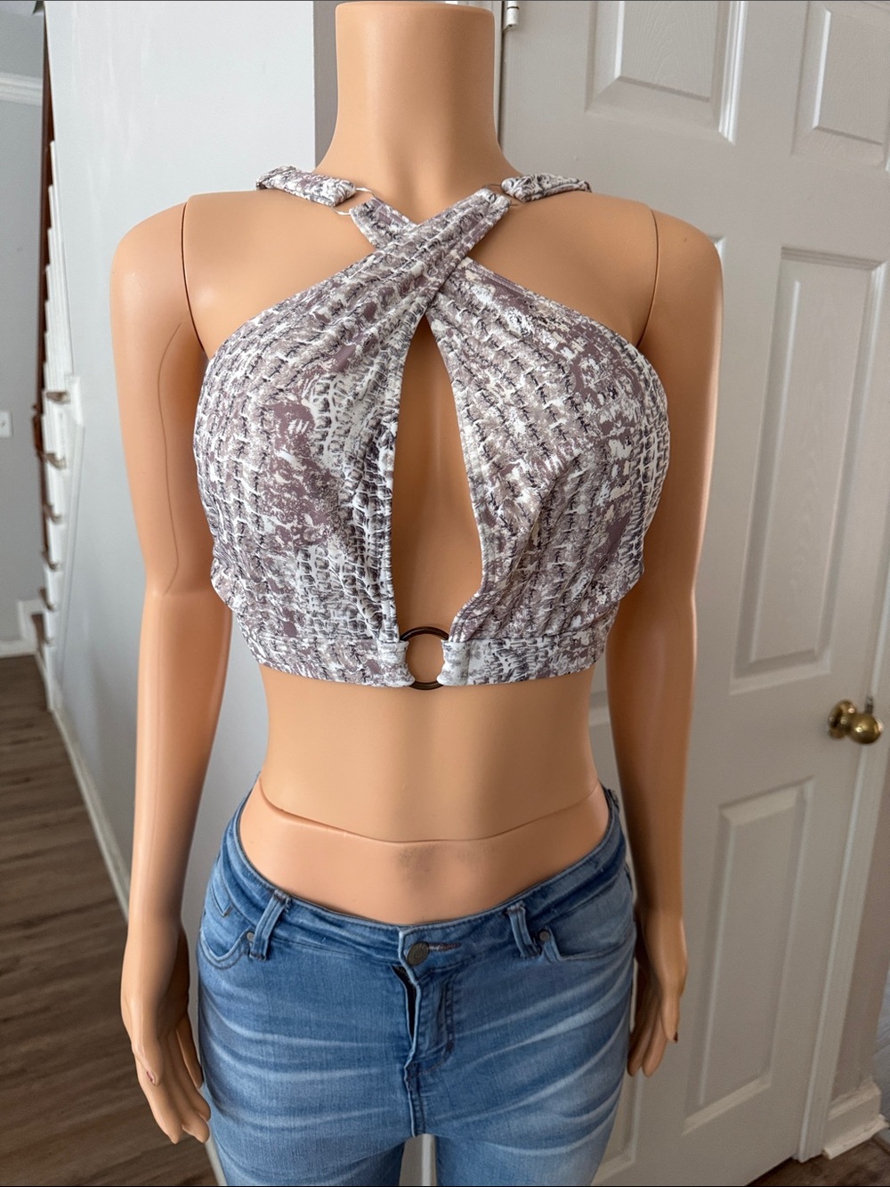 NWT Icon Swim Cross-Front Ring Detail Crop Top - Gray Animal Print